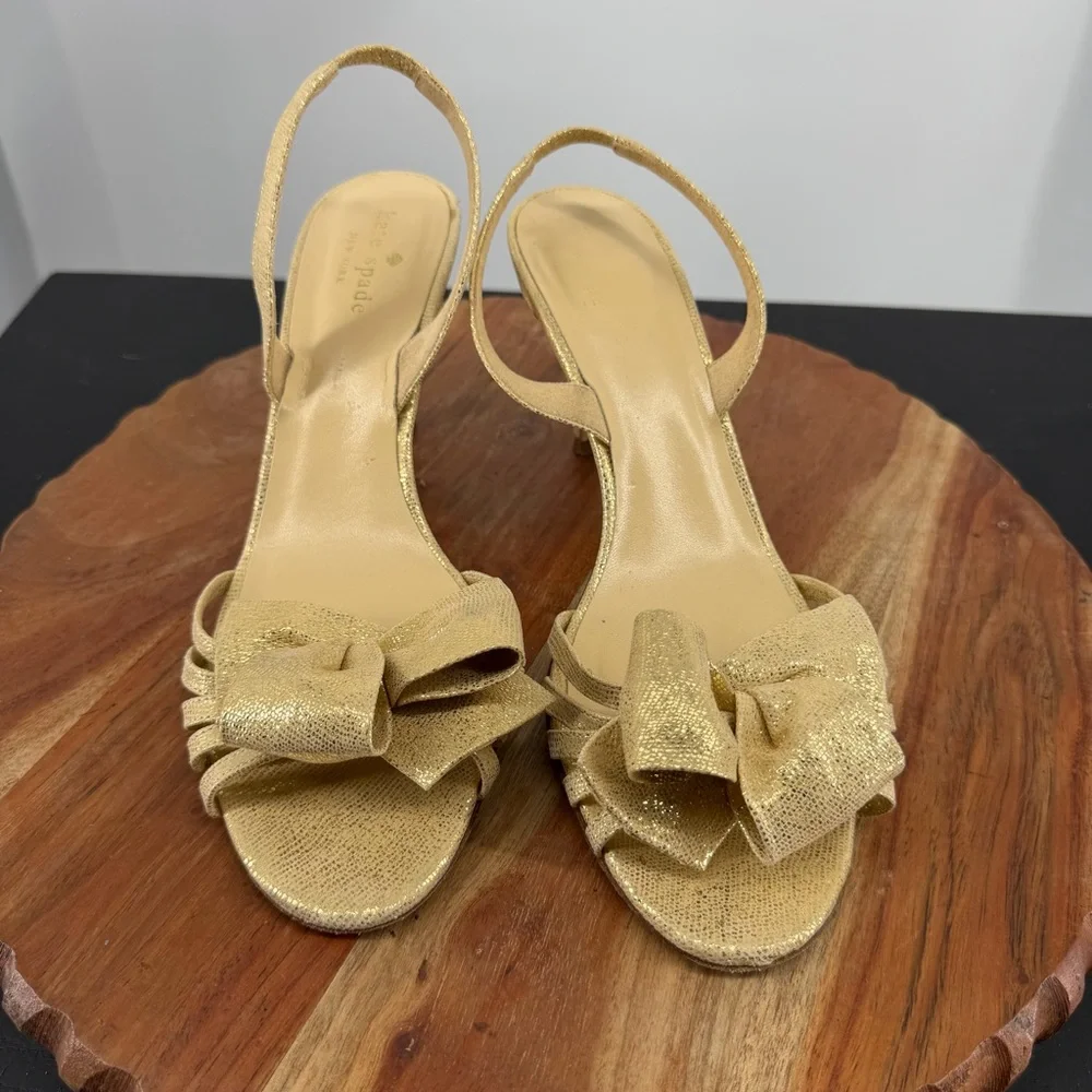 Kate Spade‎ Maribeth Slingback Gold Metallic Heels Pumps Stiletto Bow Glam 8.5